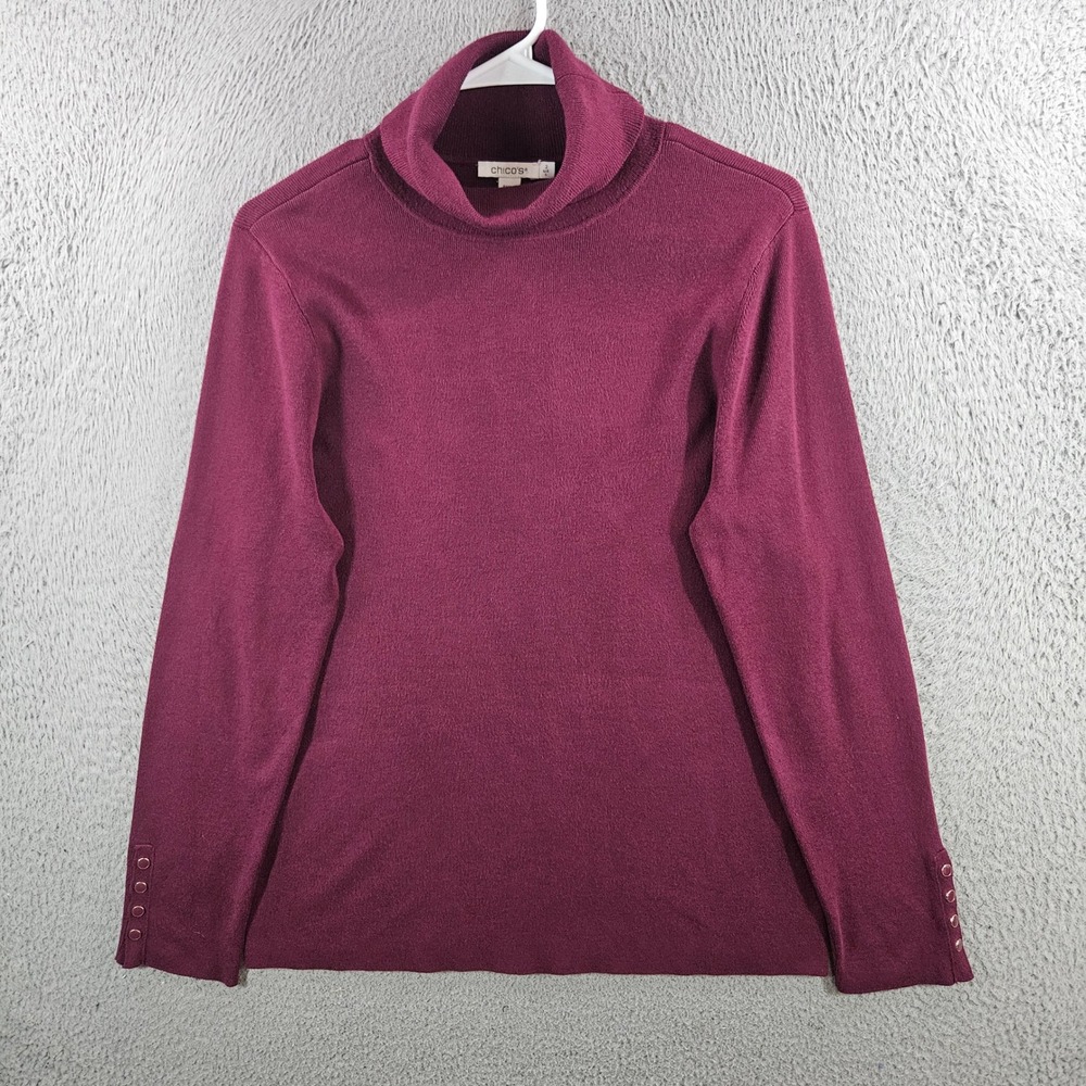 Chicos Womens Size 2 L Burgundy Turtleneck Sweater Button Cuff Long Sleeve Knit